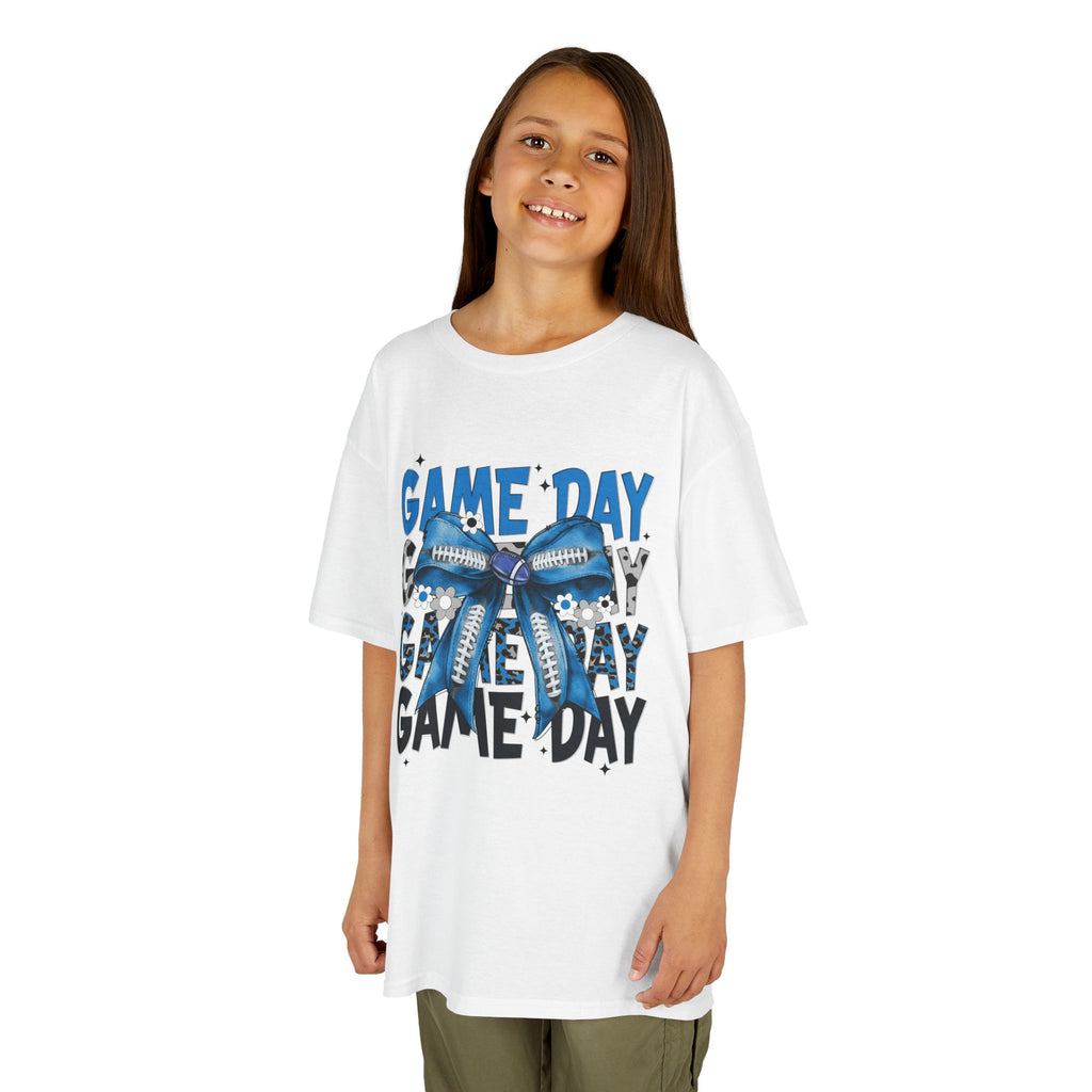 Kids "Game Day" T-Shirt with Blue Bow – Youth Football Cheer Tee