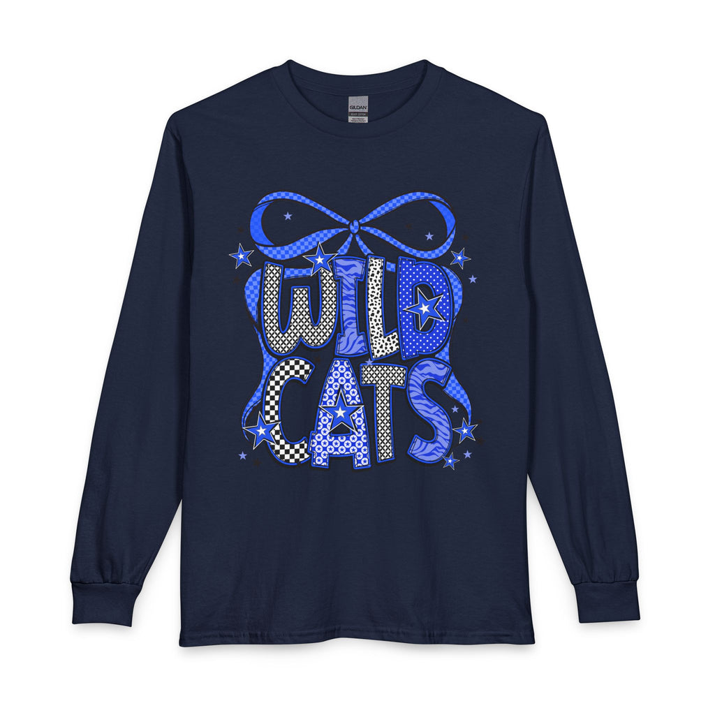 Wild Cats Long Sleeve Tee — Retro Blue Graphic "WILD CATS" Shirt