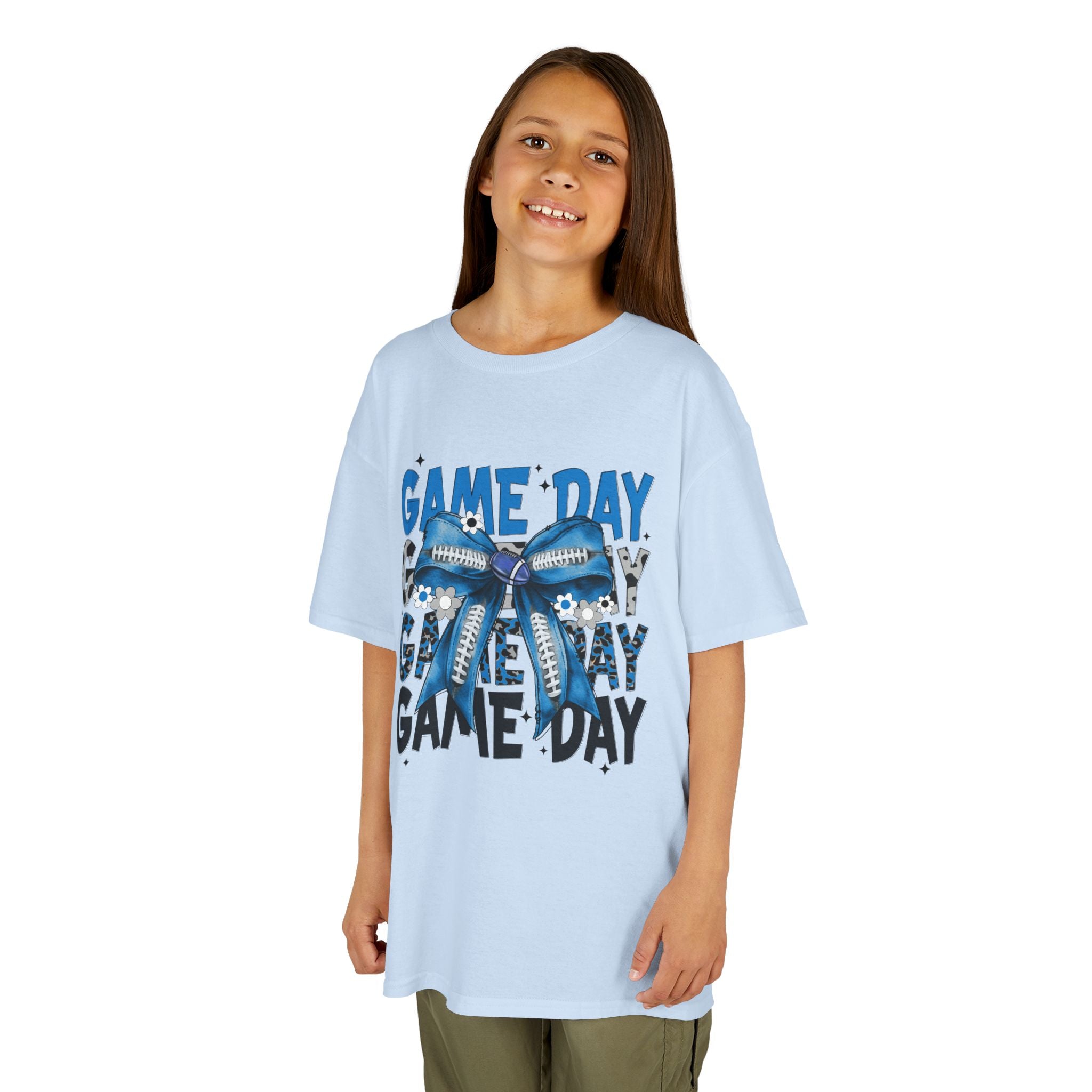 Kids "Game Day" T-Shirt with Blue Bow – Youth Football Cheer Tee