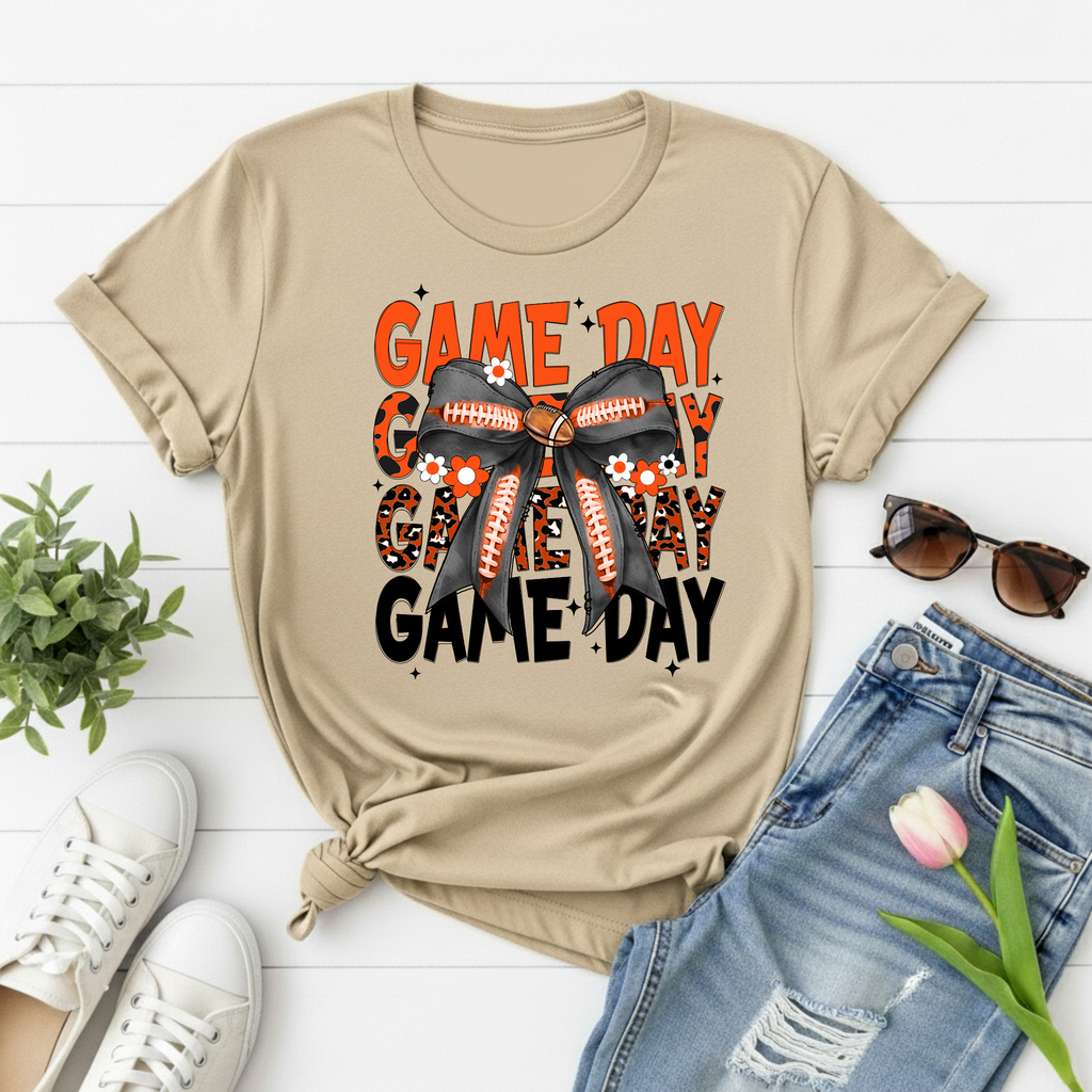 Game Day Orange Football Bow T-Shirt