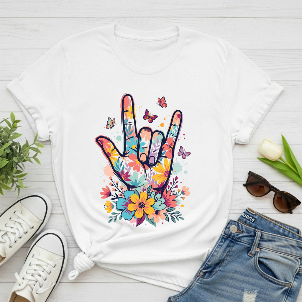 ASL I Love You Tee with Butterflies T-Shirt