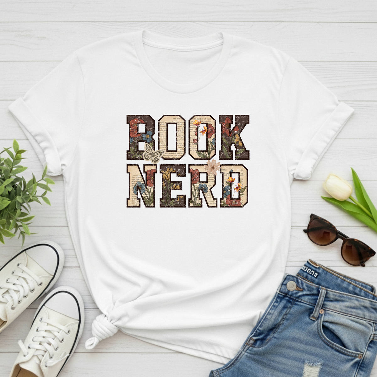 Floral Vintage Book Nerd T-Shirt