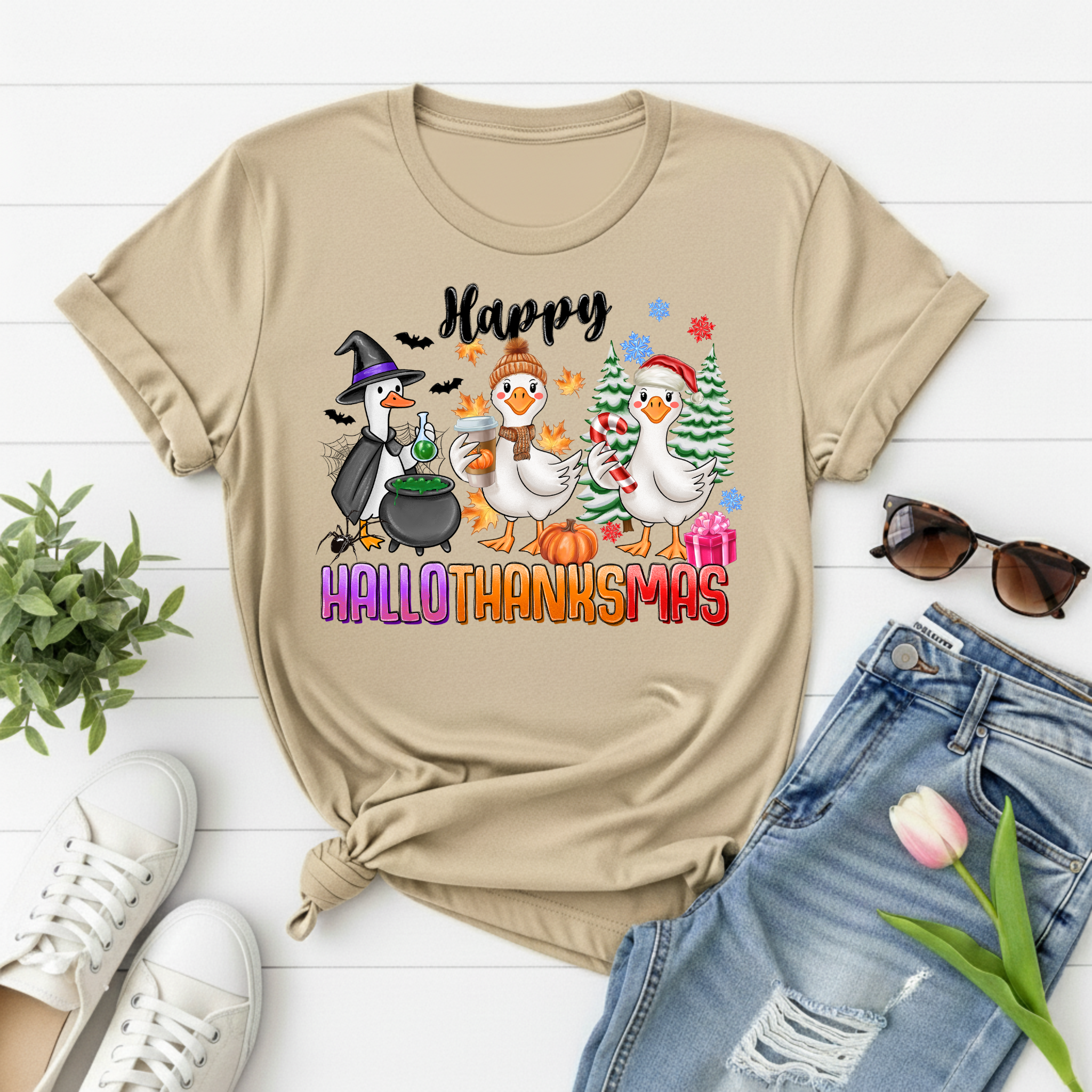 Holiday Geese 'Happy HalloThankSmas' T-Shirt