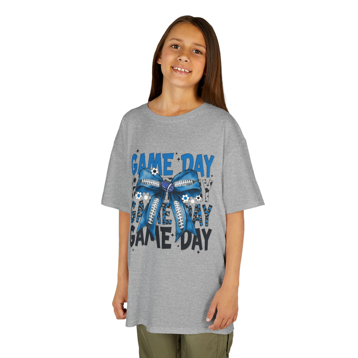Kids "Game Day" T-Shirt with Blue Bow – Youth Football Cheer Tee
