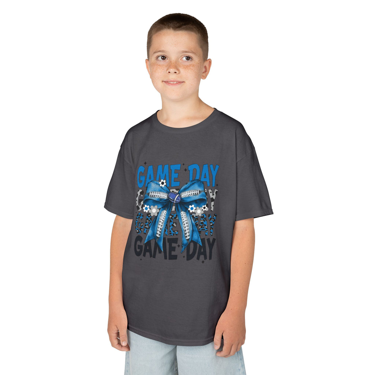 Kids "Game Day" T-Shirt with Blue Bow – Youth Football Cheer Tee